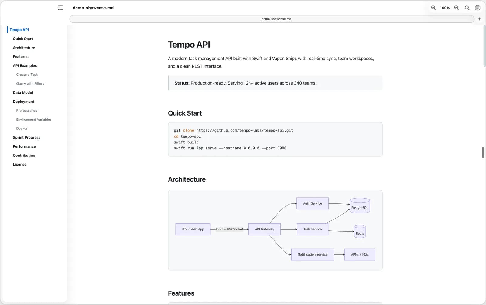 MacMD-Viewer-Fenster mit einem README und einem gerenderten Mermaid-Flussdiagramm einer API-Architektur